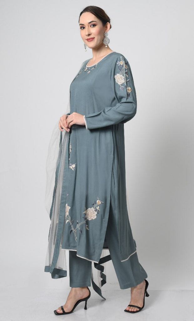 Chic Rayon Salwar Kameez with Multicolor Embroidery & Dupatta - EastEssence.com