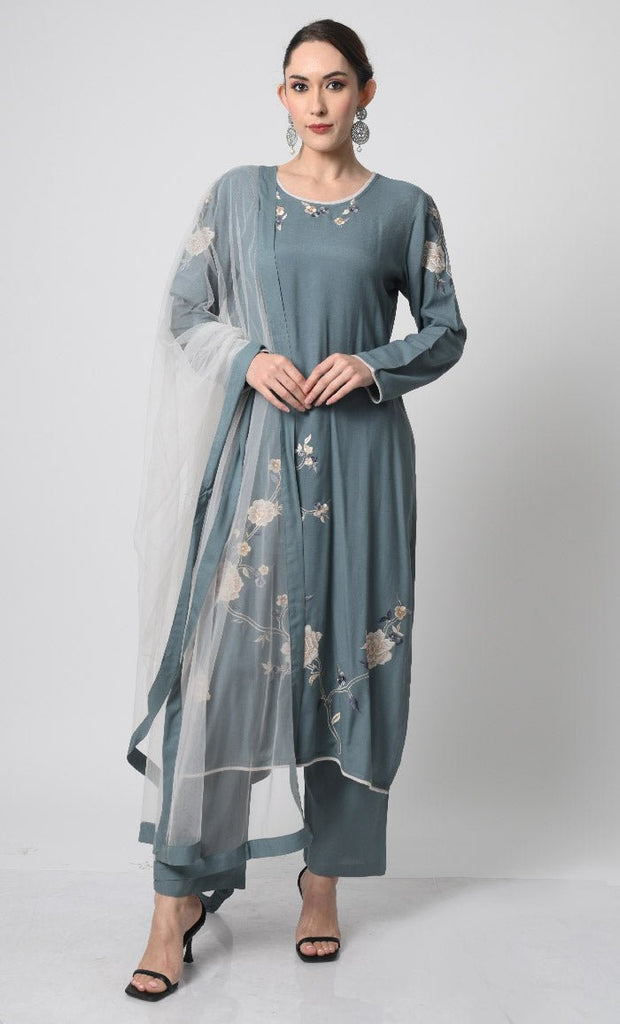 Chic Rayon Salwar Kameez with Multicolor Embroidery & Dupatta - EastEssence.com