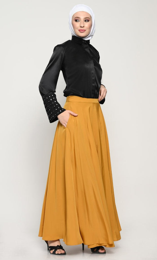 Chic Satin Shirt and Crepe Skirt Set with Mirror Embellished Bell Sleeves - EastEssence.com