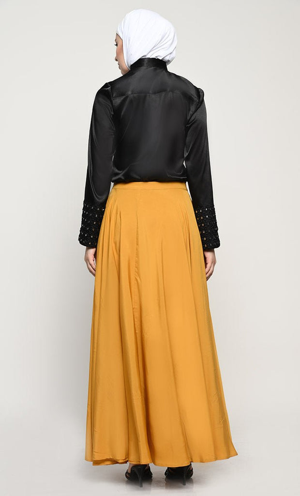 Chic Satin Shirt and Crepe Skirt Set with Mirror Embellished Bell Sleeves - EastEssence.com