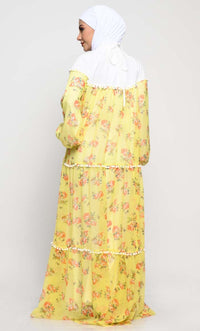 Chiffon Printed Abaya with Bishop Sleeves and Pom Pom Lace Detailing - EastEssence.com