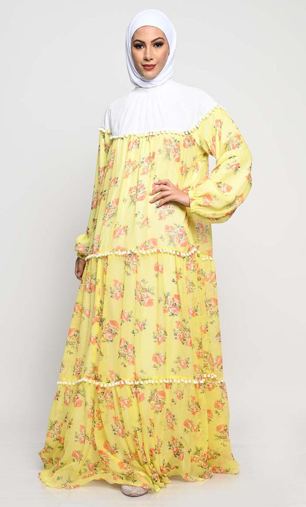 Chiffon Printed Abaya with Bishop Sleeves and Pom Pom Lace Detailing - EastEssence.com