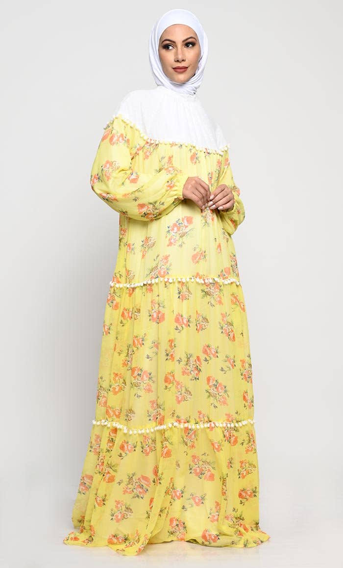 Chiffon Printed Abaya with Bishop Sleeves and Pom Pom Lace Detailing - EastEssence.com