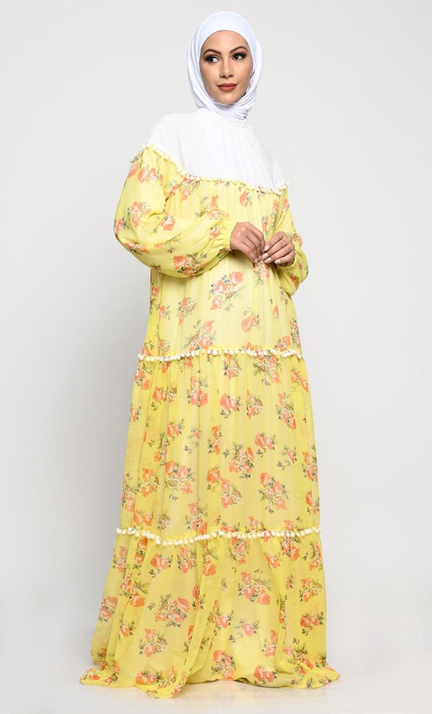 Chiffon Printed Abaya with Bishop Sleeves and Pom Pom Lace Detailing - EastEssence.com