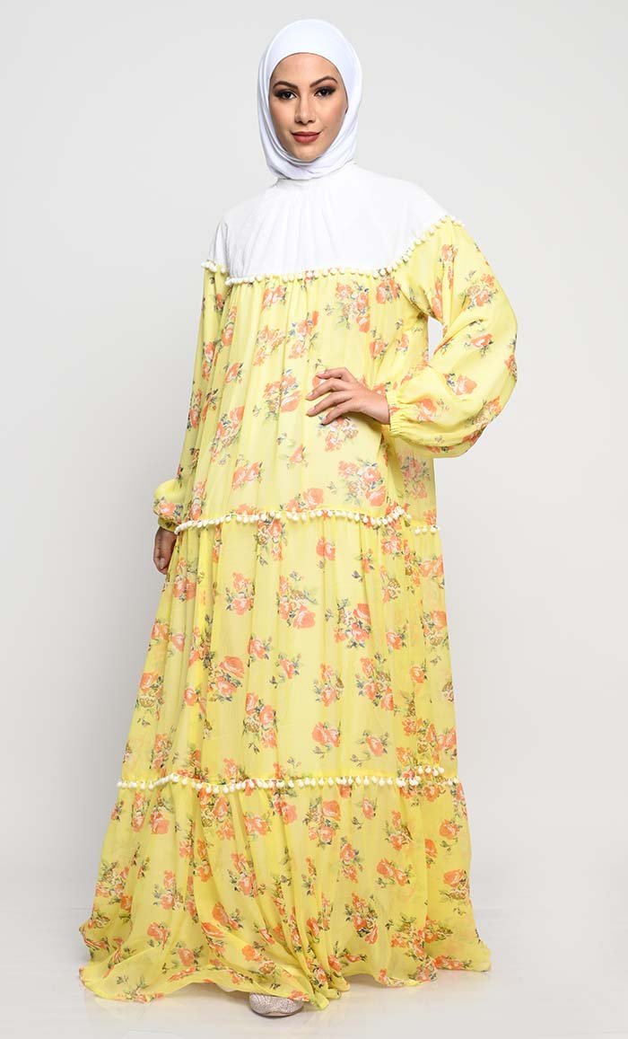 Chiffon Printed Abaya with Bishop Sleeves and Pom Pom Lace Detailing - Final Sale - EastEssence.com