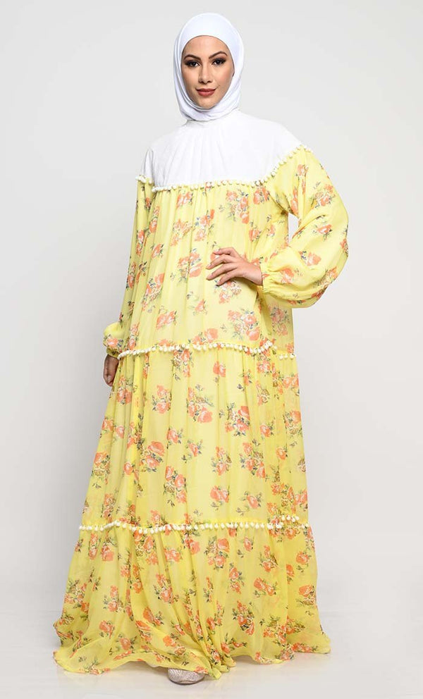 Chiffon Printed Abaya with Bishop Sleeves and Pom Pom Lace Detailing - Final Sale - EastEssence.com