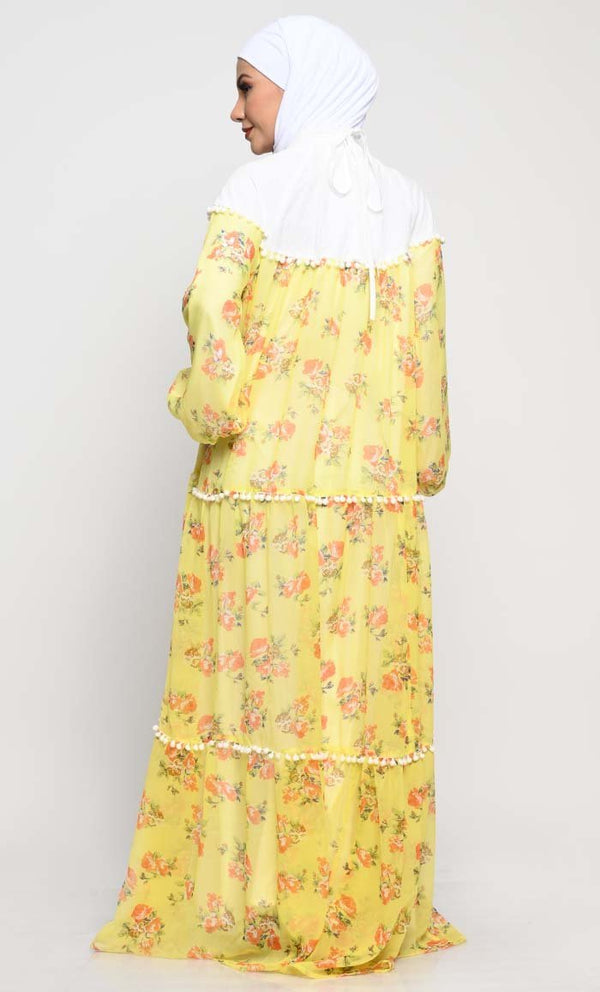 Chiffon Printed Abaya with Bishop Sleeves and Pom Pom Lace Detailing - Final Sale - EastEssence.com