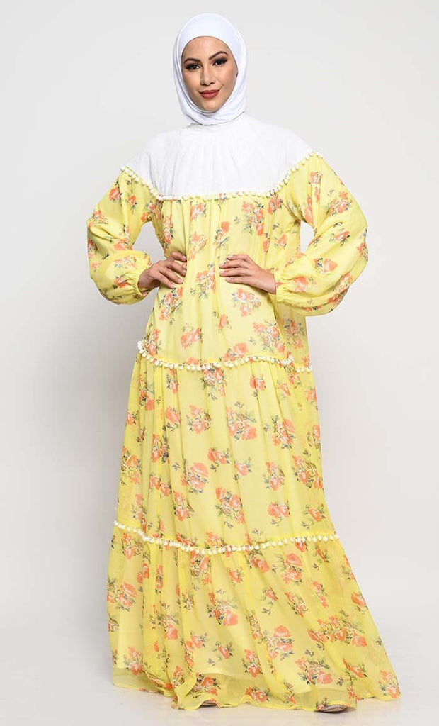 Chiffon Printed Abaya with Bishop Sleeves and Pom Pom Lace Detailing - Final Sale - EastEssence.com