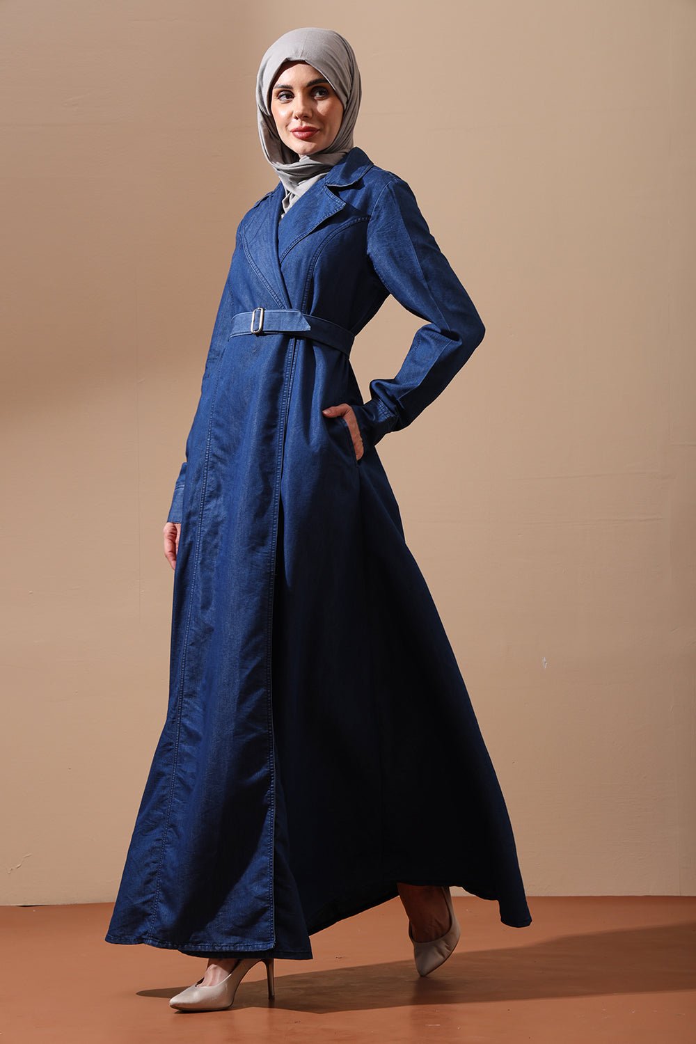 Classic Belted Denim Abaya with Lapel Collar and Flared Hem - EastEssence.com