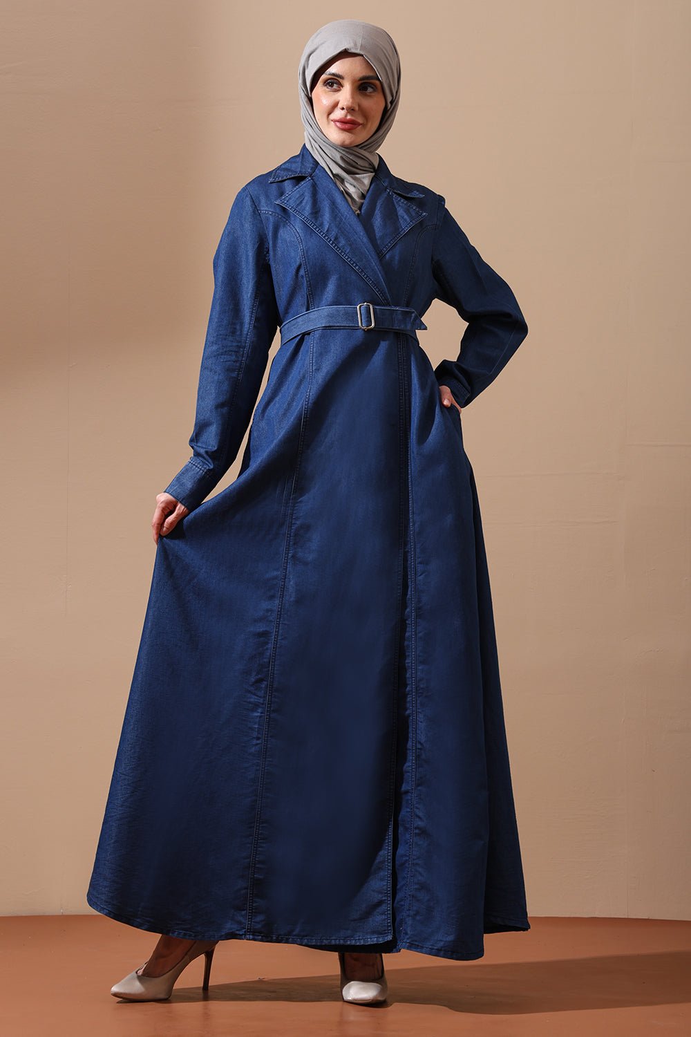 Classic Belted Denim Abaya with Lapel Collar and Flared Hem - EastEssence.com