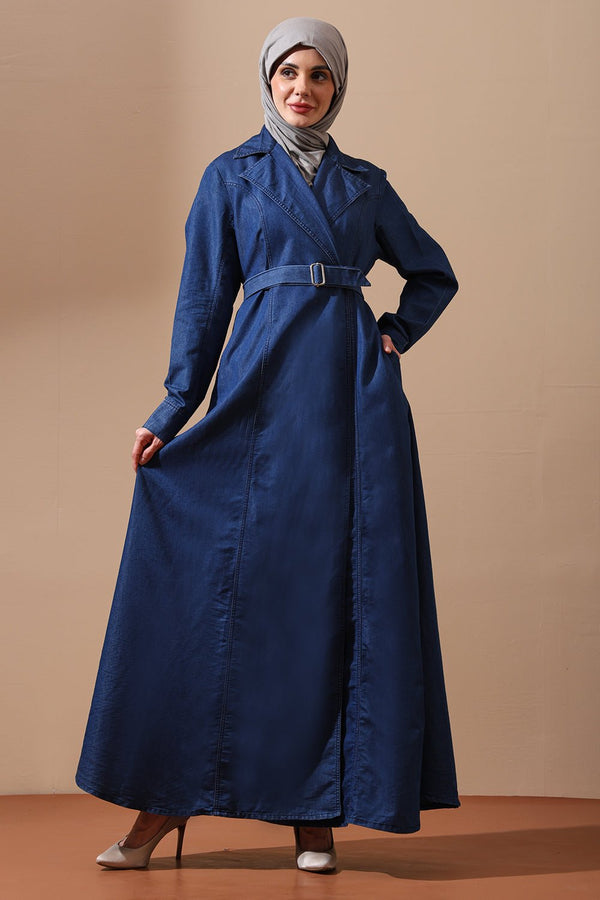 Classic Belted Denim Abaya with Lapel Collar and Flared Hem - EastEssence.com