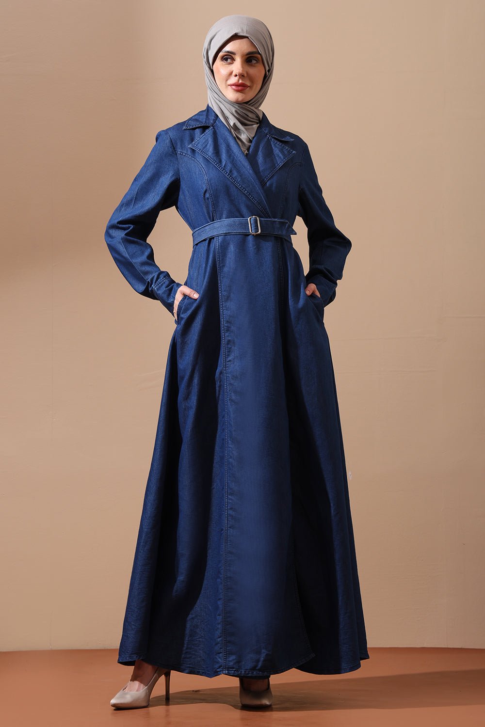 Classic Belted Denim Abaya with Lapel Collar and Flared Hem - EastEssence.com