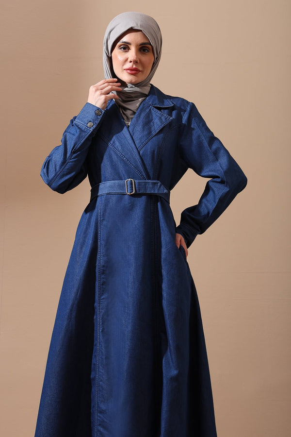 Classic Belted Denim Abaya with Lapel Collar and Flared Hem - EastEssence.com