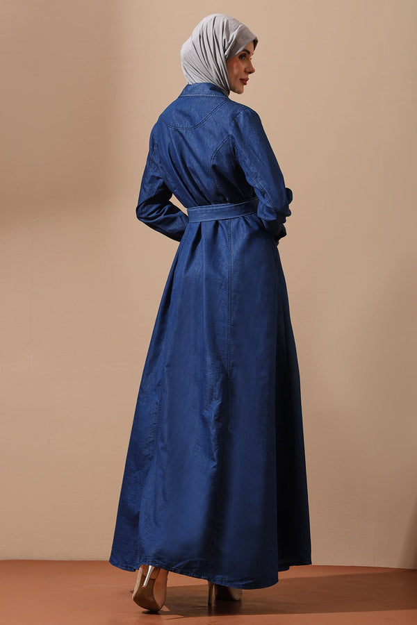 Classic Belted Denim Abaya with Lapel Collar and Flared Hem - EastEssence.com