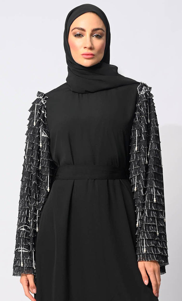 Classic black Abaya with Tiered Frill Sleeves and Tassels and Belt - EastEssence.com