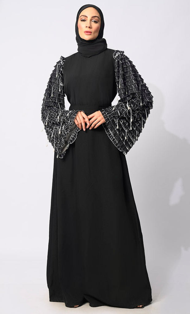 Classic black Abaya with Tiered Frill Sleeves and Tassels and Belt - EastEssence.com