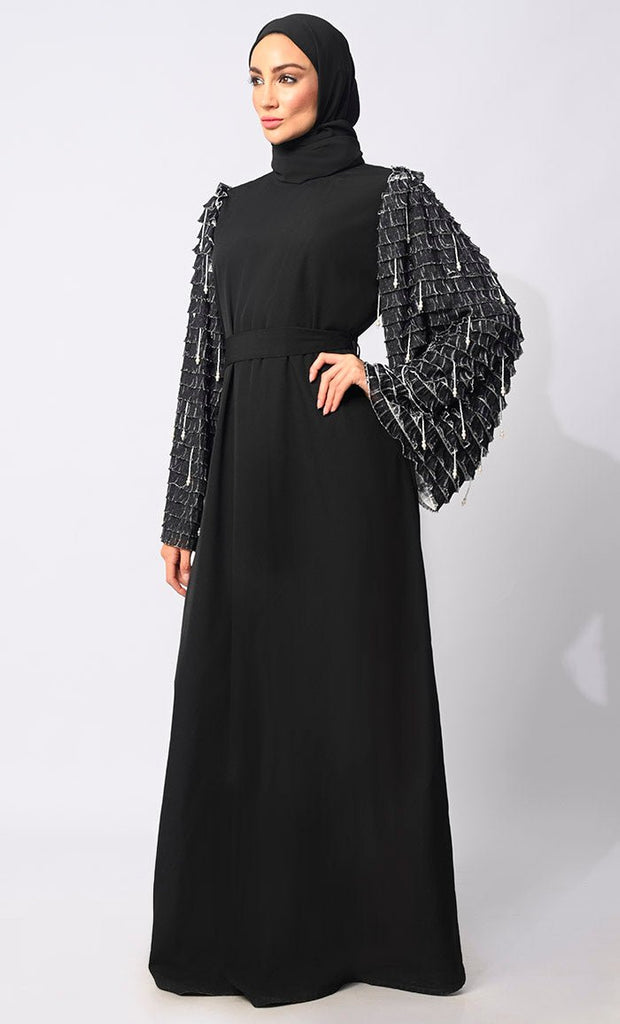 Classic black Abaya with Tiered Frill Sleeves and Tassels and Belt - EastEssence.com