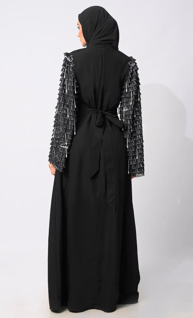 Classic black Abaya with Tiered Frill Sleeves and Tassels and Belt - EastEssence.com