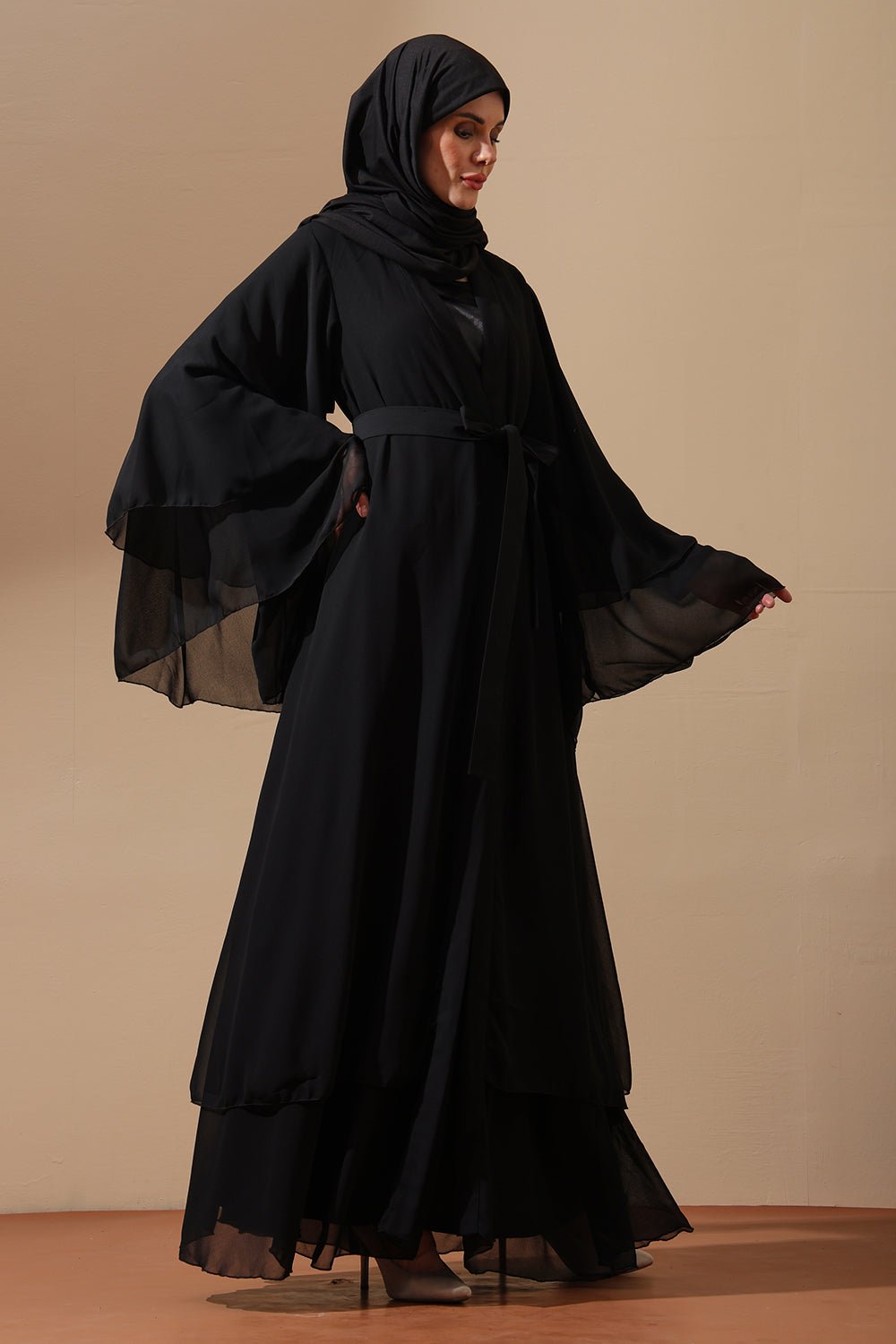 Classic Black Butterfly Sleeve Abaya with Waist Tie Belt - EastEssence.com