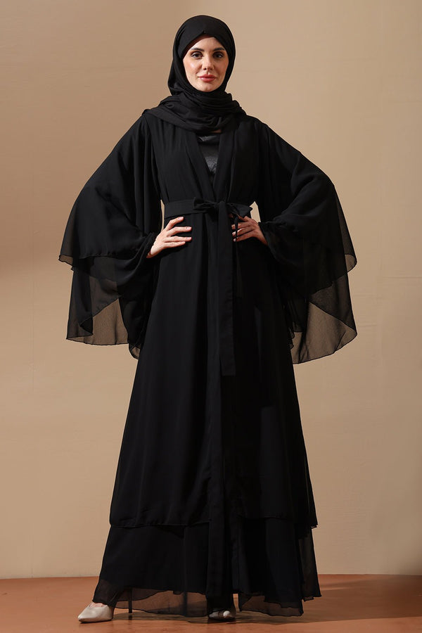 Classic Black Butterfly Sleeve Abaya with Waist Tie Belt - EastEssence.com