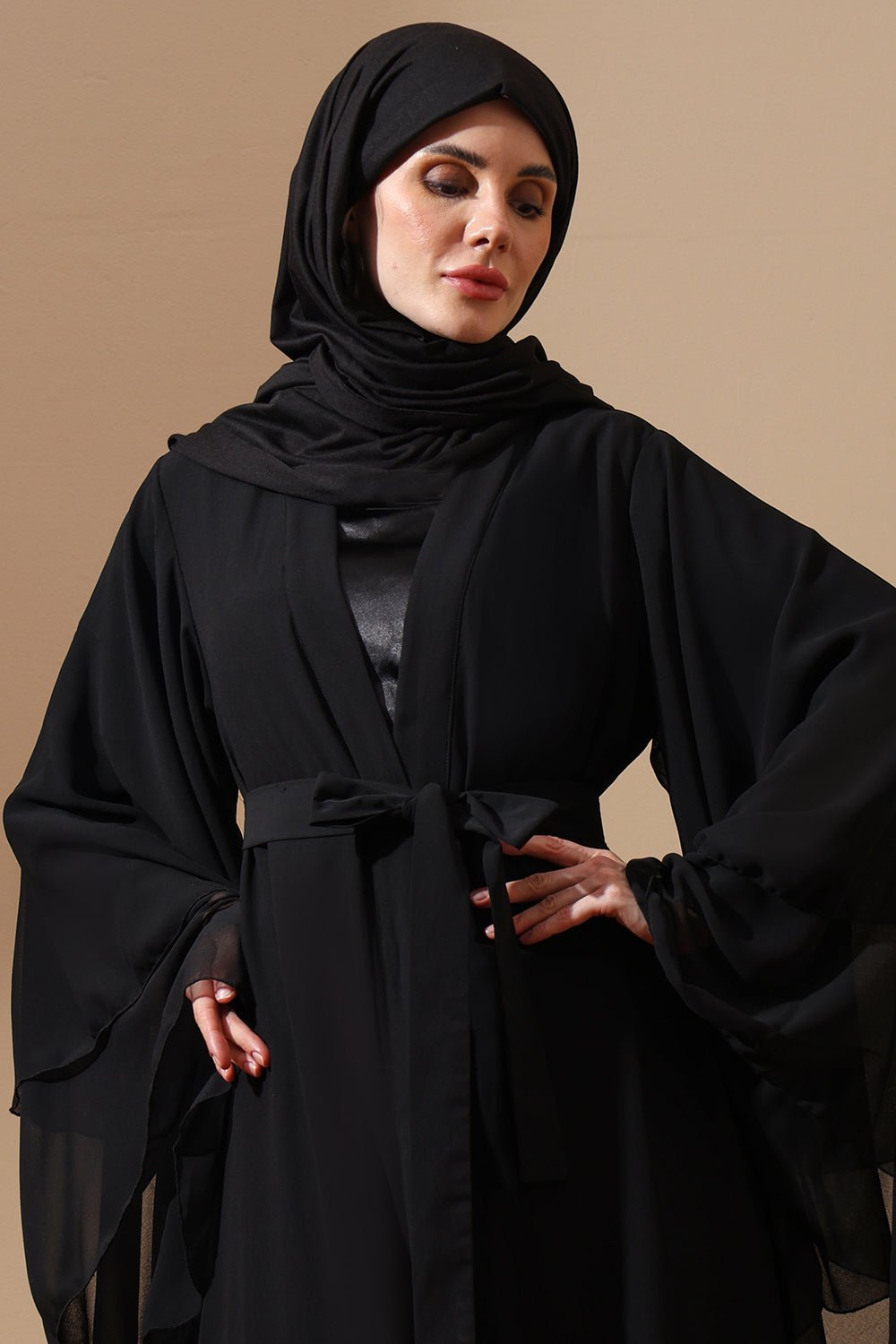 Classic Black Butterfly Sleeve Abaya with Waist Tie Belt - EastEssence.com