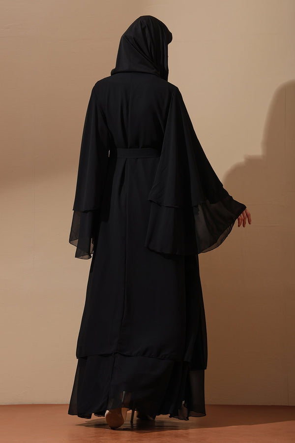 Classic Black Butterfly Sleeve Abaya with Waist Tie Belt - EastEssence.com