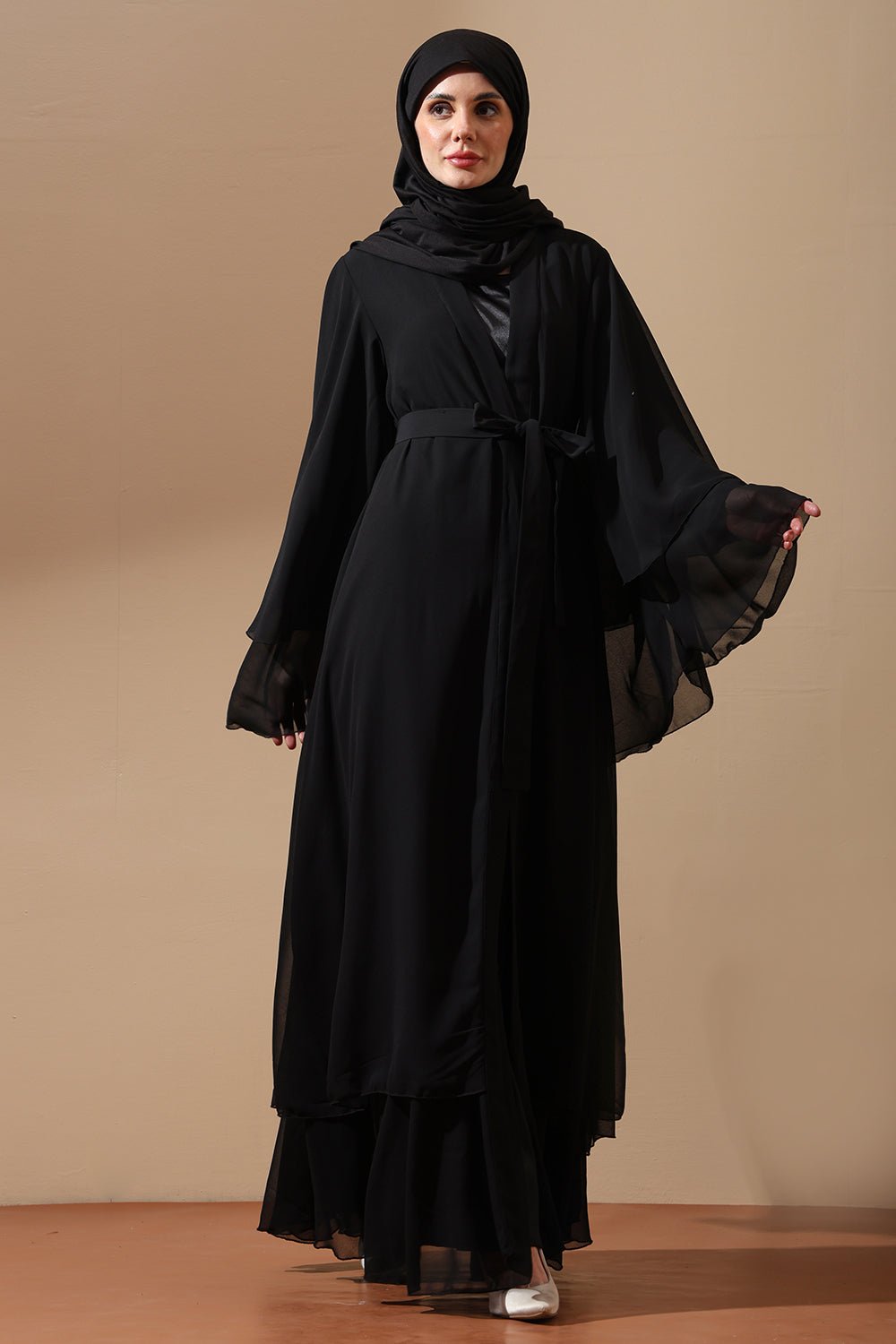 Classic Black Butterfly Sleeve Abaya with Waist Tie Belt - EastEssence.com