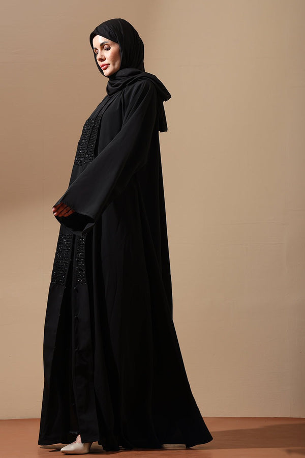 Classic Black Front - Open Abaya with sequin detailing - EastEssence.com