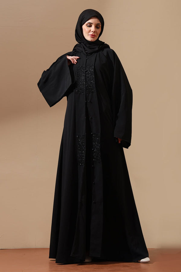 Classic Black Front - Open Abaya with sequin detailing - EastEssence.com
