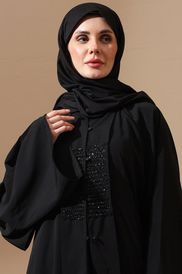 Classic Black Front - Open Abaya with sequin detailing - EastEssence.com