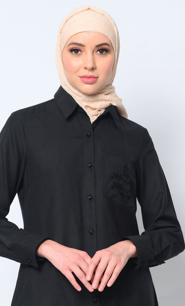 Classic Black Shirt Tunic with Pocket Embroidery - EastEssence.com