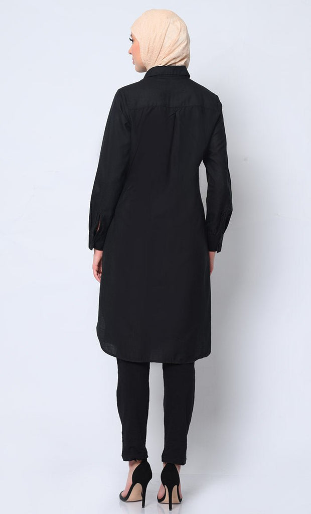 Classic Black Shirt Tunic with Pocket Embroidery - EastEssence.com