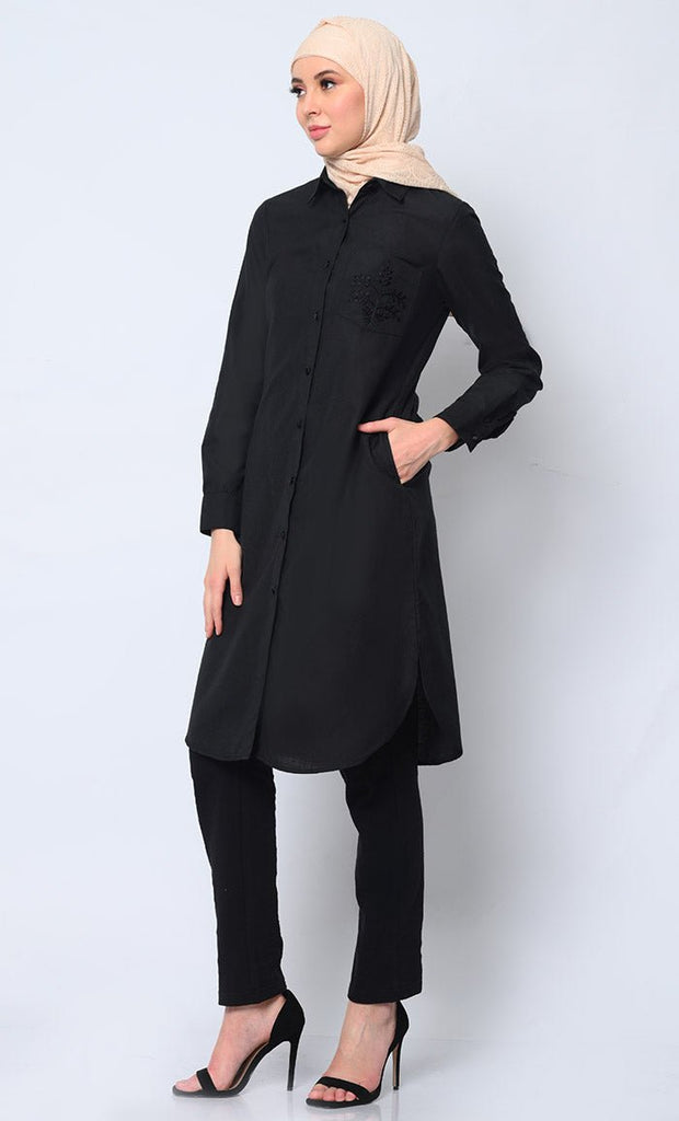 Classic Black Shirt Tunic with Pocket Embroidery - EastEssence.com