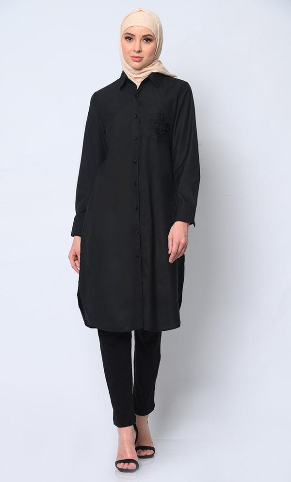 Classic Black Shirt Tunic with Pocket Embroidery - EastEssence.com