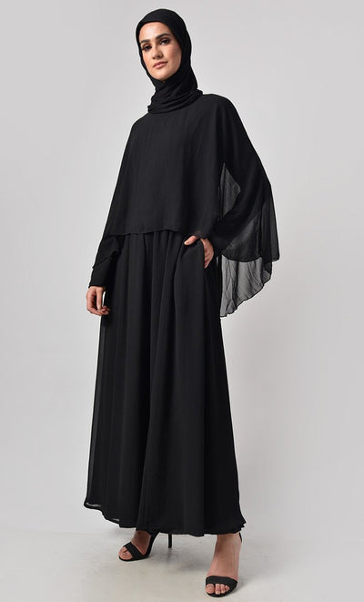 Classic Black With Upper Cape Everyday Abaya - EastEssence.com