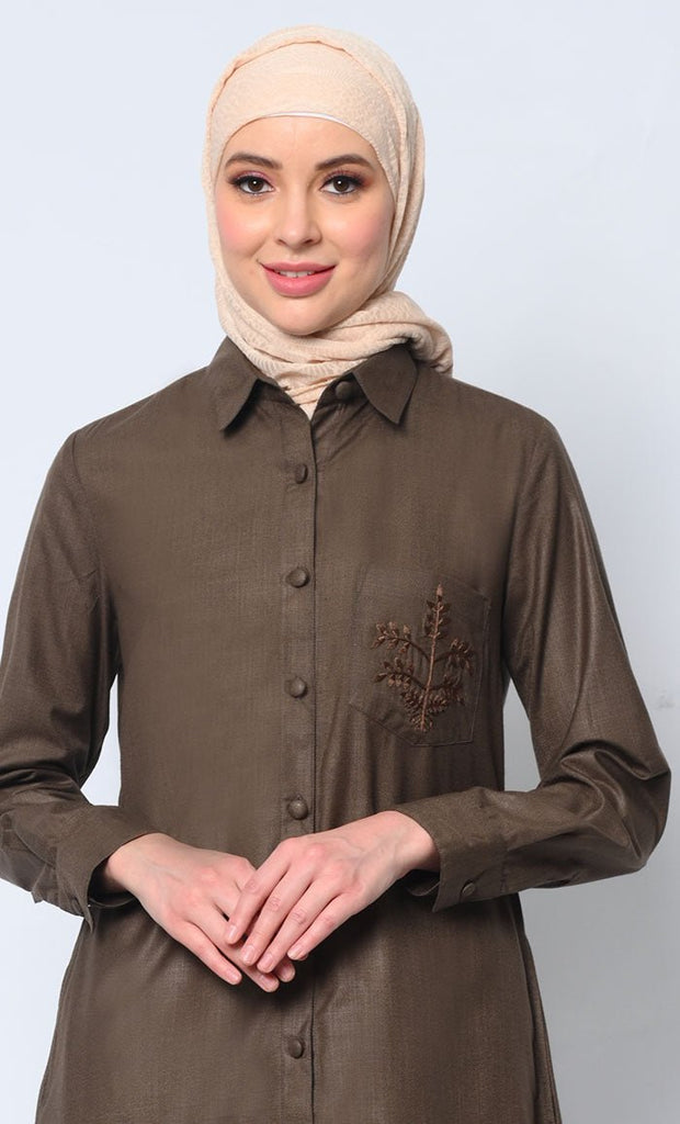 Classic Brown Shirt Tunic with Pocket Embroidery - EastEssence.com