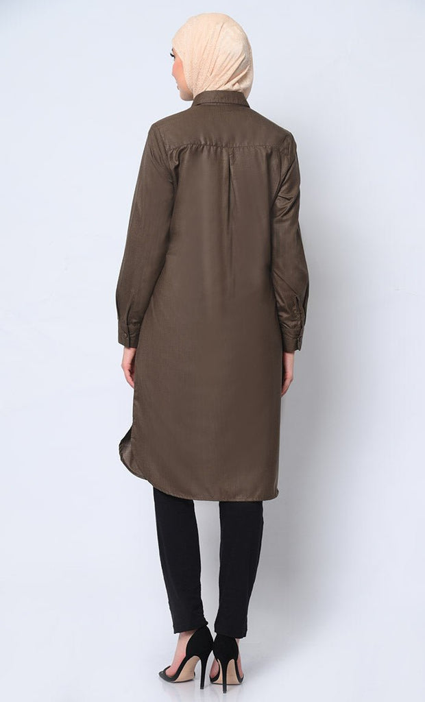 Classic Brown Shirt Tunic with Pocket Embroidery - EastEssence.com