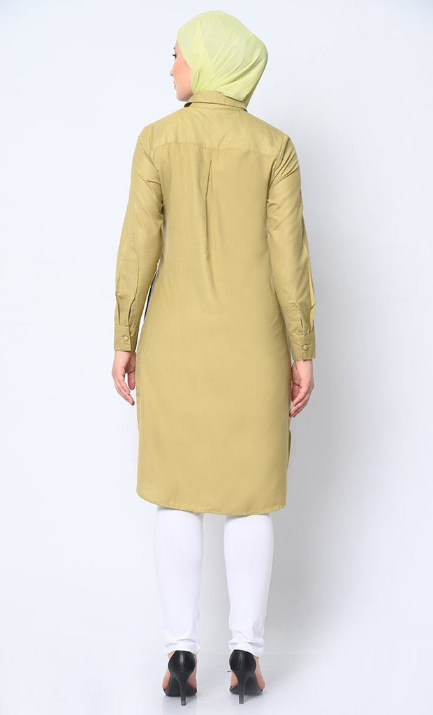 Classic Brown Shirt Tunic with Pocket Embroidery - EastEssence.com