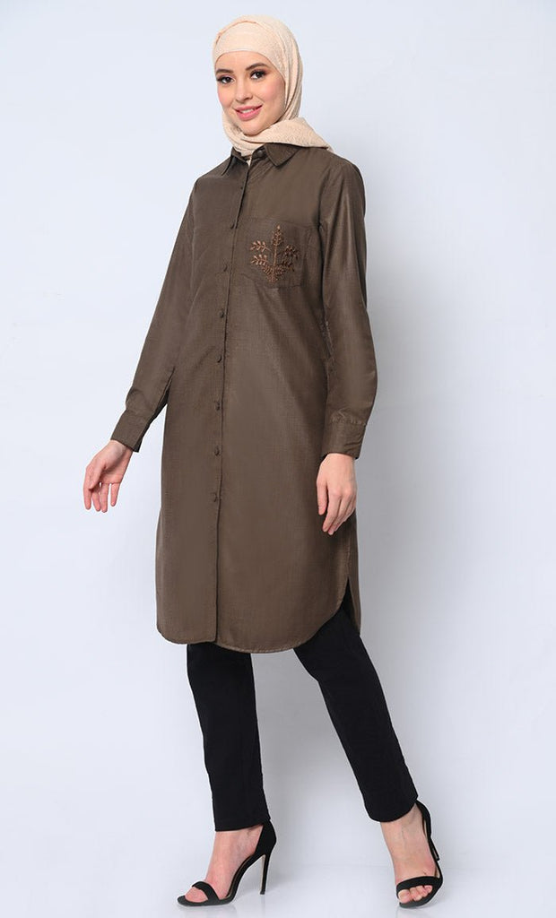 Classic Brown Shirt Tunic with Pocket Embroidery - EastEssence.com