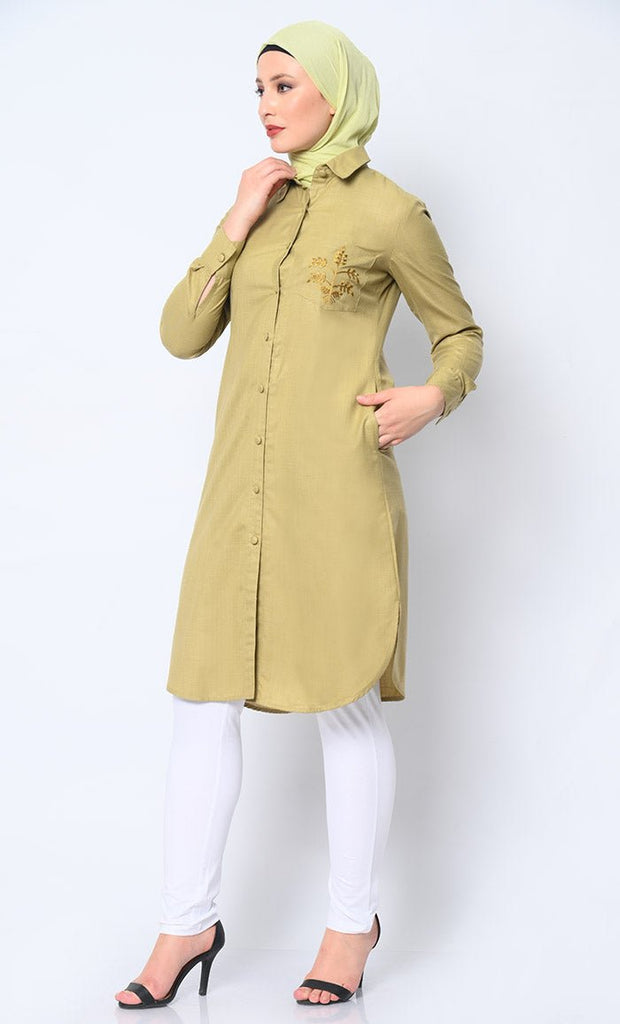 Classic Brown Shirt Tunic with Pocket Embroidery - EastEssence.com