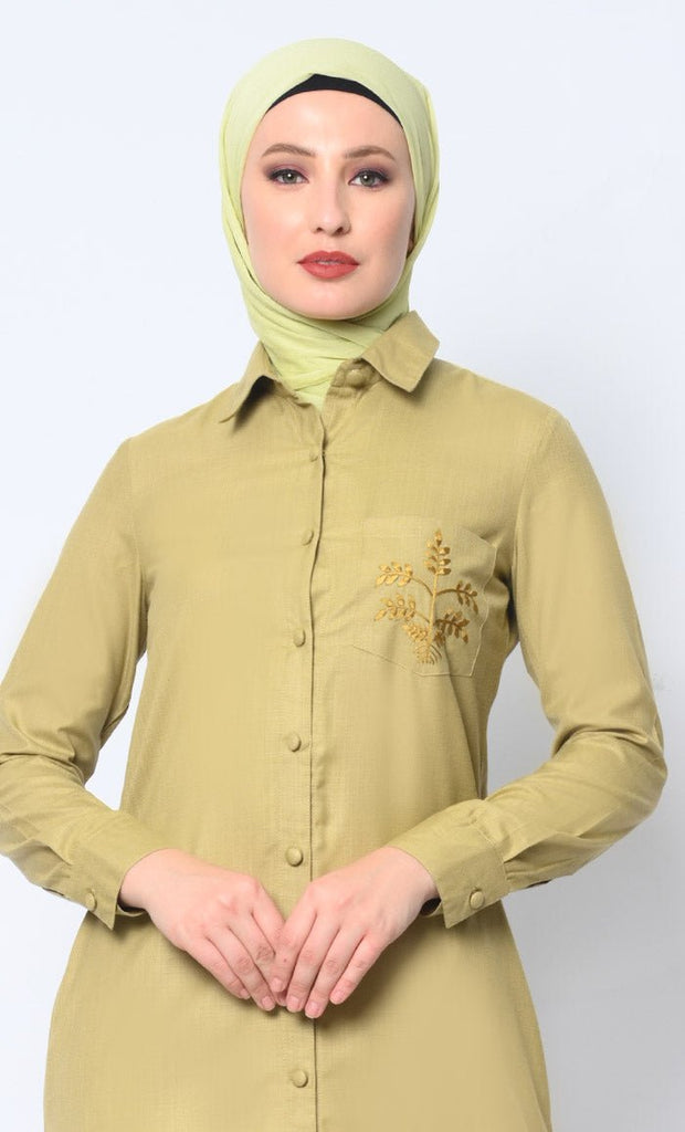 Classic Brown Shirt Tunic with Pocket Embroidery - EastEssence.com