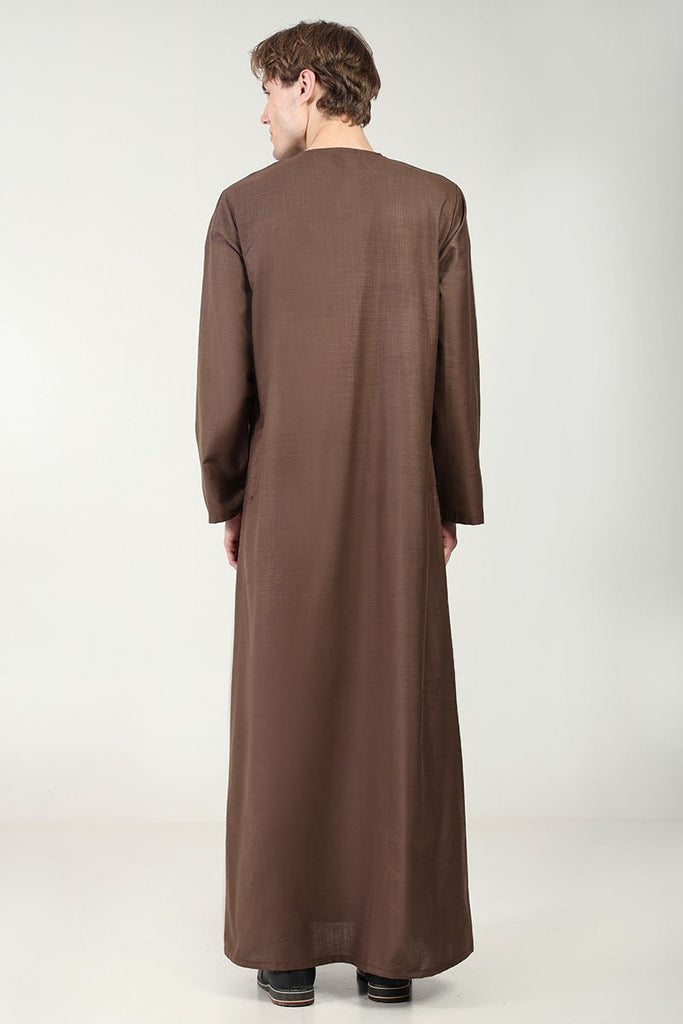 Classic Everyday Wear Thobe with Embroidered Neck & Zipper Opening - Brown - EastEssence.com