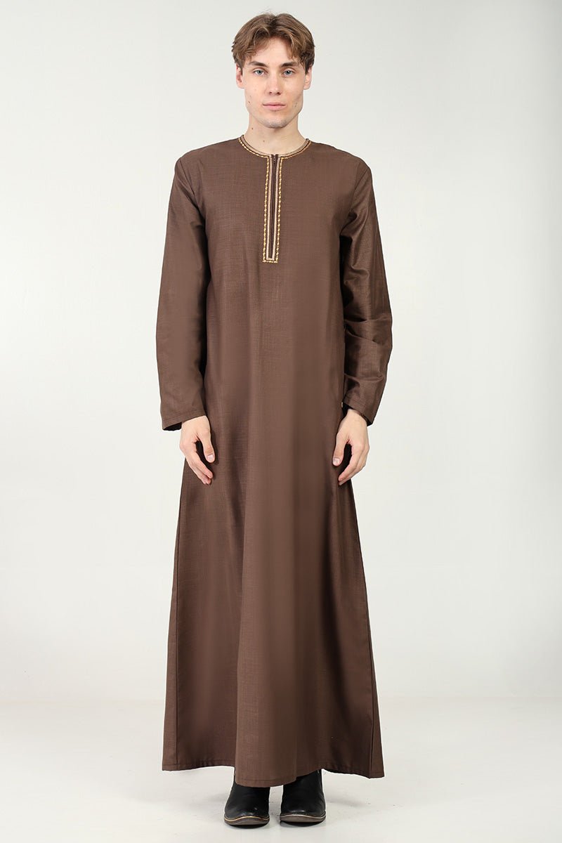 Classic Everyday Wear Thobe with Embroidered Neck & Zipper Opening-Brown