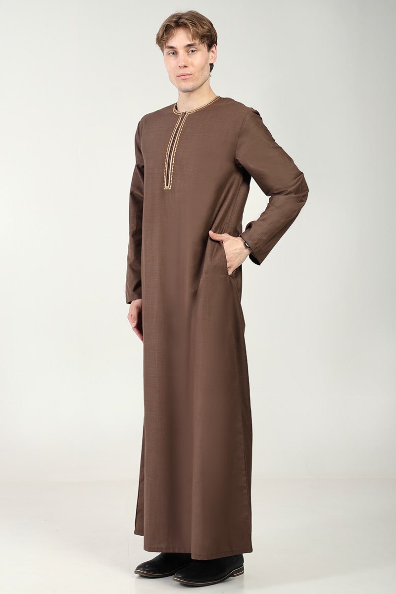 Classic Everyday Wear Thobe with Embroidered Neck & Zipper Opening-Brown