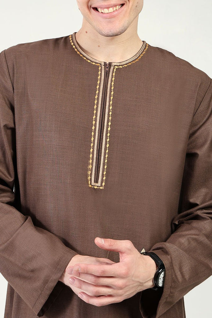 Classic Everyday Wear Thobe with Embroidered Neck & Zipper Opening - Brown - EastEssence.com