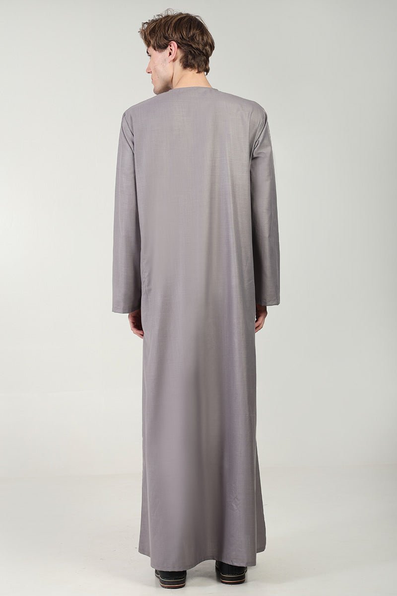 Classic Everyday Wear Thobe with Embroidered Neck & Zipper Opening - Grey - EastEssence.com