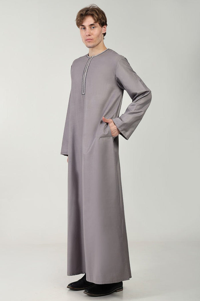 Classic Everyday Wear Thobe with Embroidered Neck & Zipper Opening - Grey - EastEssence.com