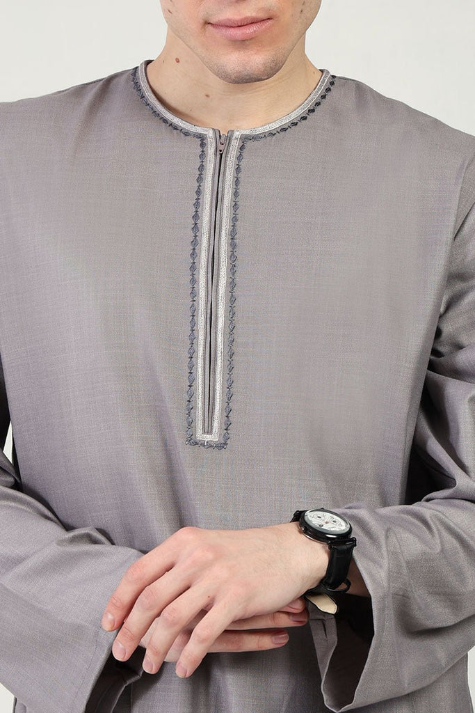 Classic Everyday Wear Thobe with Embroidered Neck & Zipper Opening - Grey - EastEssence.com