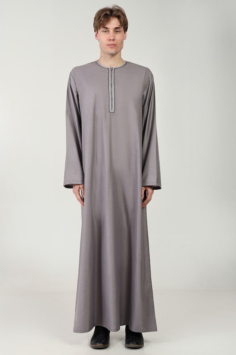 Classic Everyday Wear Thobe with Embroidered Neck & Zipper Opening-Grey