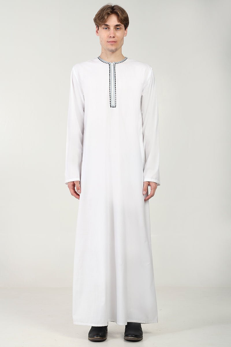 Classic Everyday Wear Thobe with Embroidered Neck & Zipper Opening-White